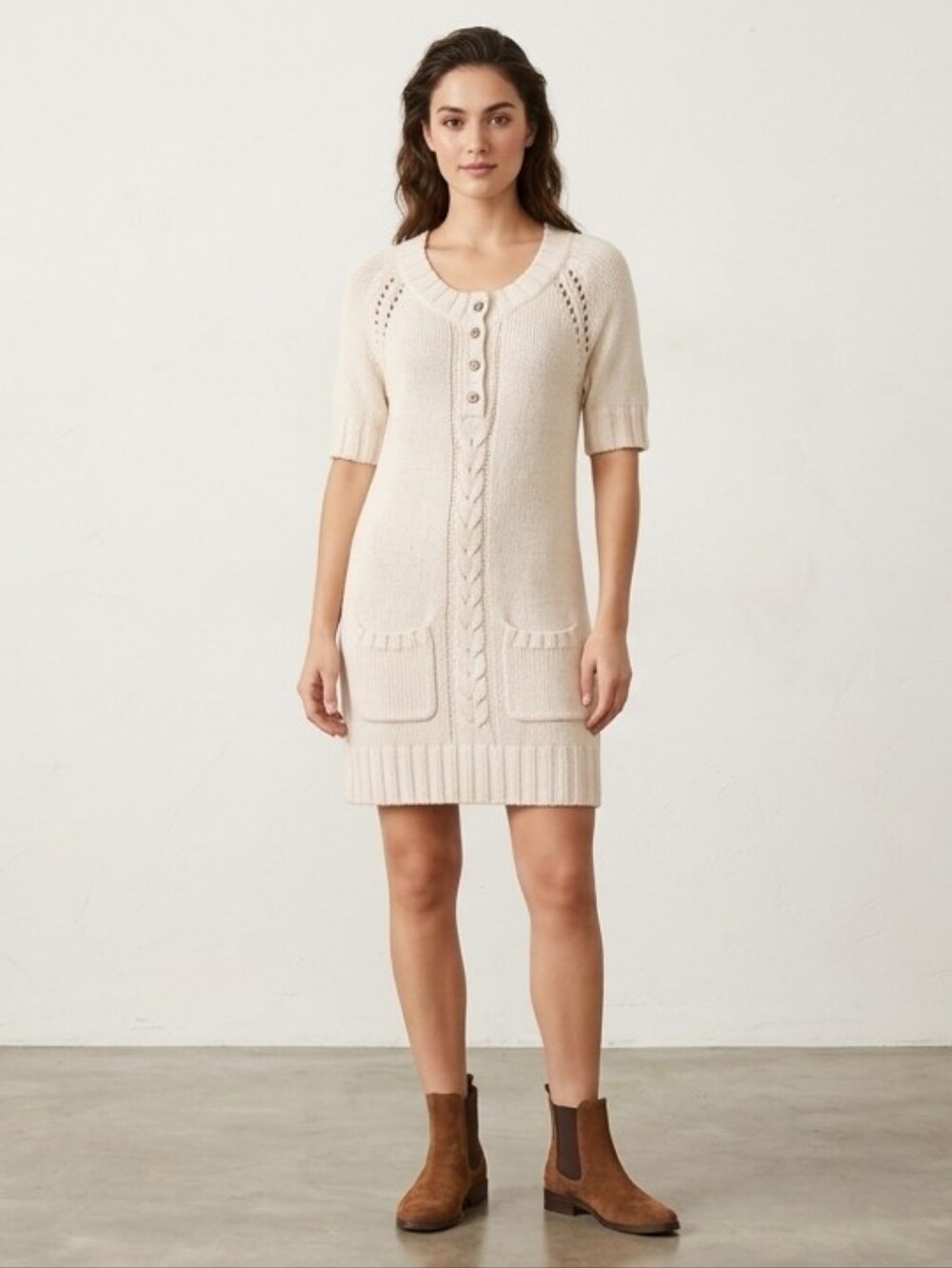 Guess by Marciano Cream Knit Button-Front Sweater Dress